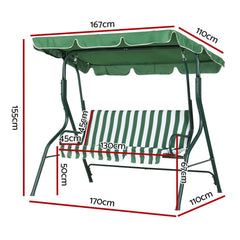 Canopy Swing Chair - Outdoor Garden Bench for 3 Seater Comfort, White and Green