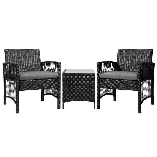 3-Piece Outdoor Bistro Set - Stylish, Comfortable & Weather-Resistant Patio Furniture Wicker Dining Chairs Table Cushion Black