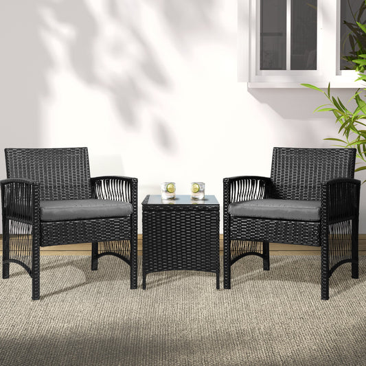 3-Piece Outdoor Bistro Set - Stylish, Comfortable & Weather-Resistant Patio Furniture Wicker Dining Chairs Table Cushion Black