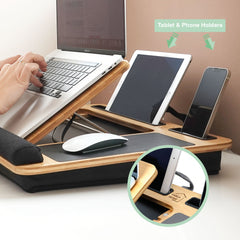 Bamboo Laptop Lap Desk with Cushion and Angle Adjustable for Office and Home