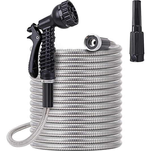 7.5m-30m Garden Hose Stainless Steel Metal Super Tough & Flexible Water Hose