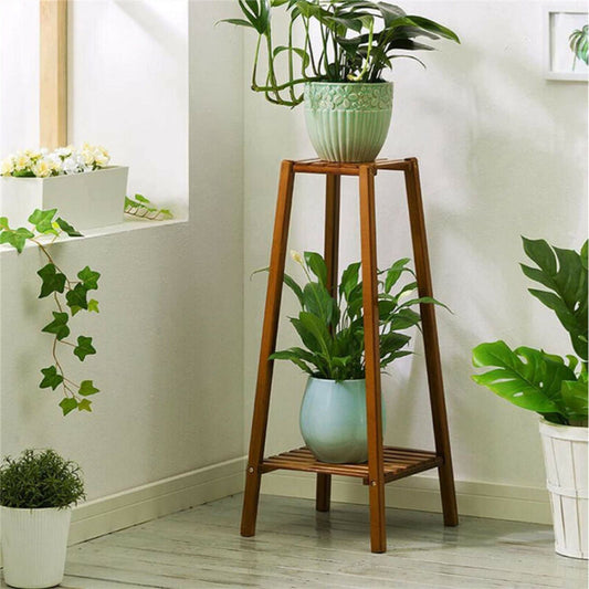 Bamboo 2 Tier Tall Plant Stand Pot Holder Small Space Table Garden Planter Brown