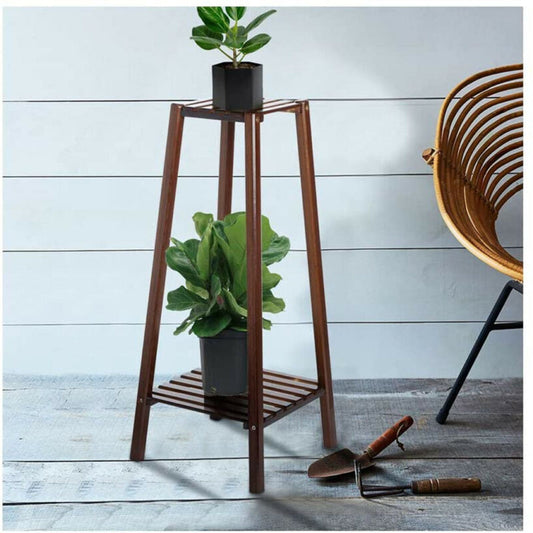 Bamboo 2 Tier Tall Plant Stand Pot Holder Small Space Table Garden Planter Brown