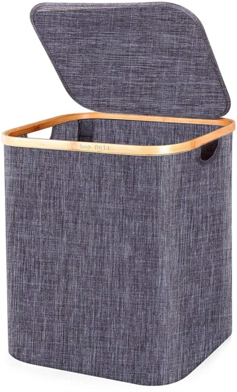 Laundry Basket with Lid 60L, Washing Basket with Bamboo Handle and Lid, Foldable