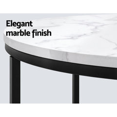 Round Marble Effect Coffee Table Side Tables Bedside Black Metal