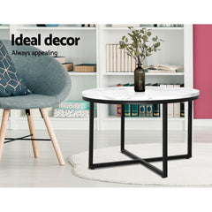 Round Marble Effect Coffee Table Side Tables Bedside Black Metal