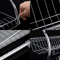 2 Tier Dish Rack with Drain Board for Kitchen Counter and Plated Chrome Dish Dryer