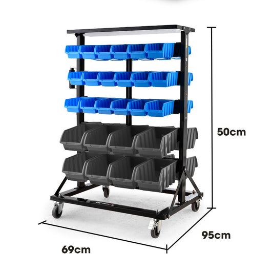 52 Parts Bin Rack Storage System Mobile Double-Sided - Blue