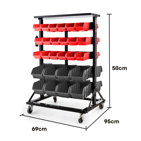 52 Parts Bin Rack Storage System Mobile Double-Sided - Red